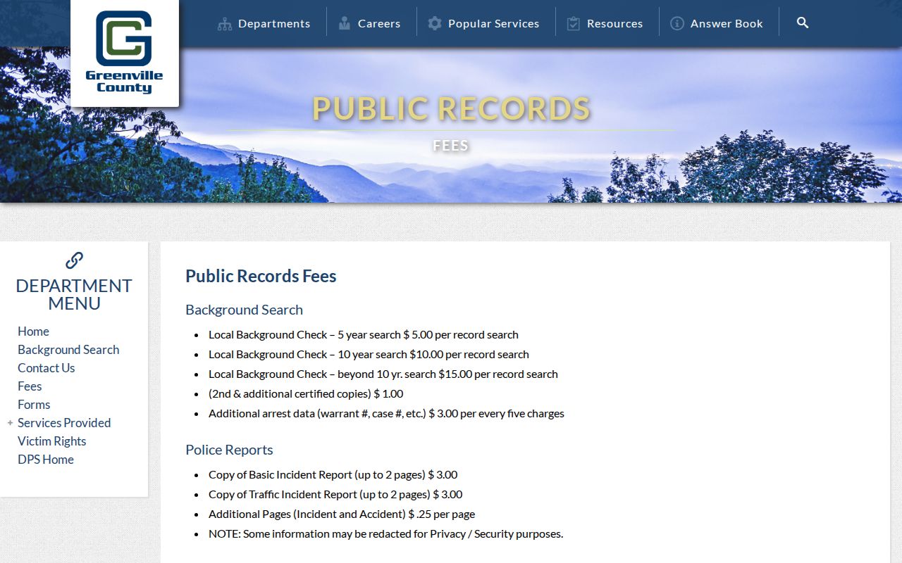 Greenville County arrest record and booking report fees